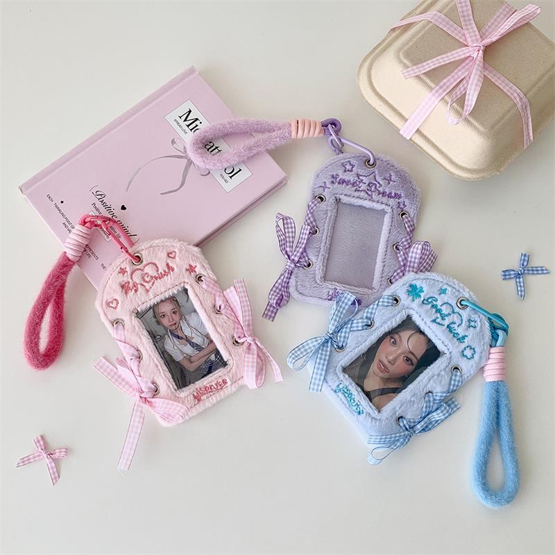 Cute Ballet-Style Ribbon Photocard Holder Plush Card Holder With Lanyard Idol Photo Storage Card Display Protective Pendant Gift