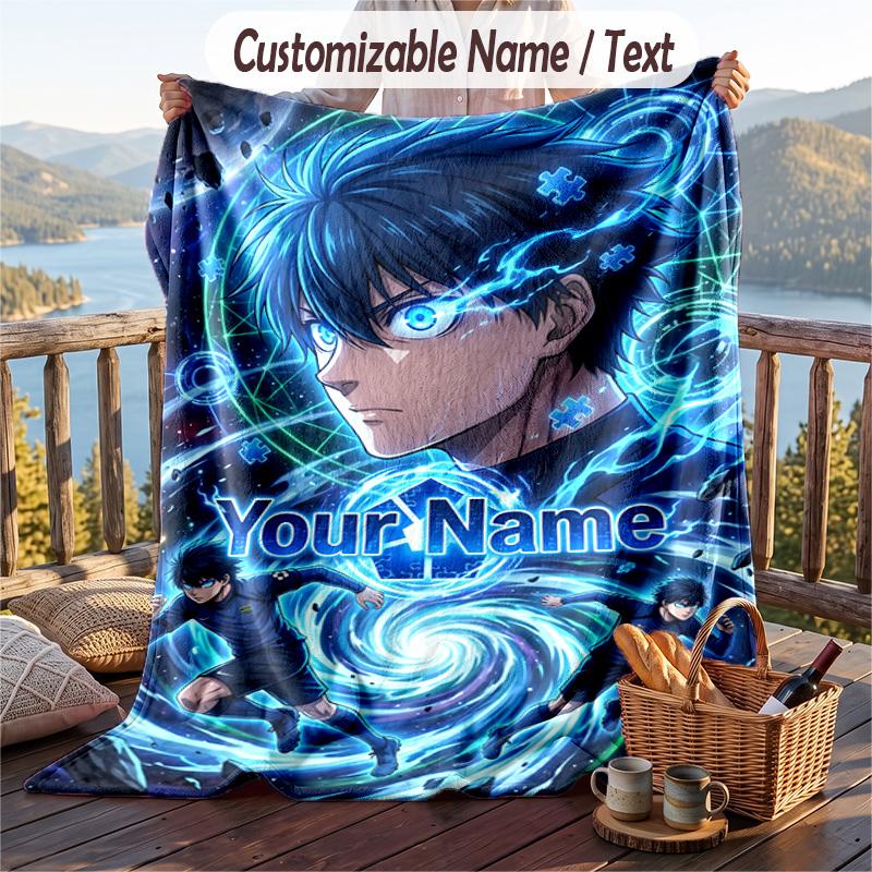 Personalized Flannel Throw Blanket,Blue Lock Custom Printed Name, Cozy Plush Blanket For Home Use