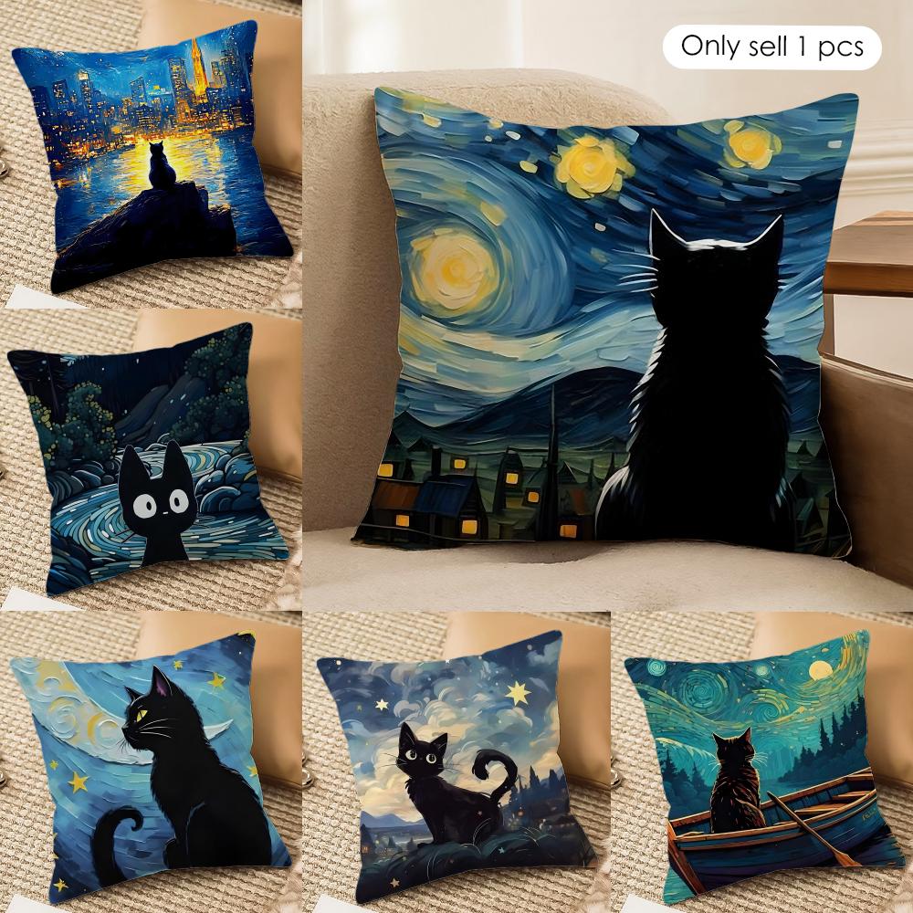Classic Black Cat Cushion Cover Short plush Doublesided Print Square Throw Pillow Covers Sofa Home Cushion Decor