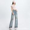 Wide-legged Ripped Jeans for Women In Summer Thin High Waist Slim Graffiti Oil Color Design Straight Loose Floor Pants