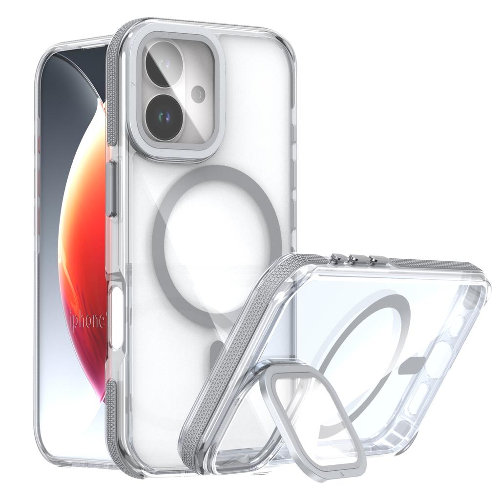 For iPhone 17 Magnetic Case TPU Acrylic Clear Phone Back Cover with Lens Protector Kickstand