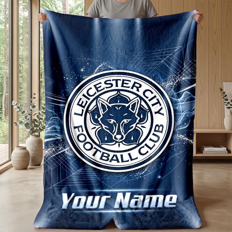 Leicester City Custom Name Text Flannel Blanket Soccer Logo Personalized Fleece Throw Blanket Special Gift For Sofa Bedroom Home