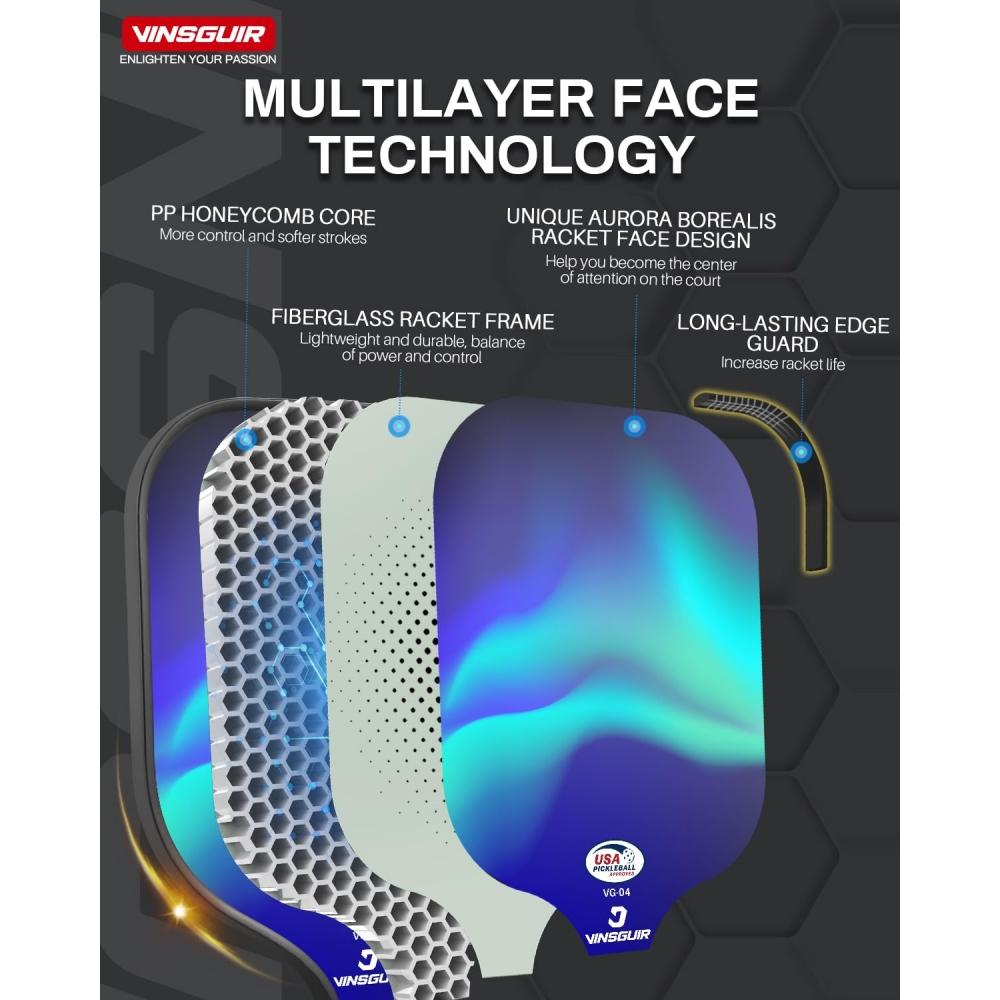 VINSGUIR Ракетки для пиклбола, набор из 2 ракеток для пиклбола из стекловолокна, легкие ракетки для пиклбола с сумкой для переноски, подарок для пиклбола