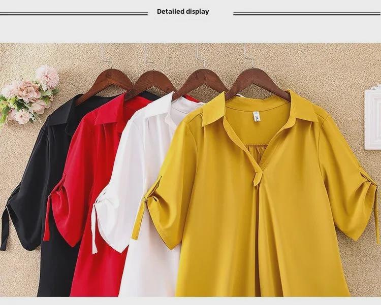 Женское лето 2023 г.: Свободная рубашка из шифона с зауженной талией, средней длины с короткими рукавами, модный большой размер.