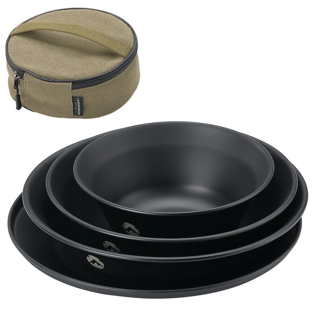 CAMPING MOON Camping Plates, Stainless Steel Tableware Set (4 Pieces), Black, with Canvas Case, BKS395-1S
