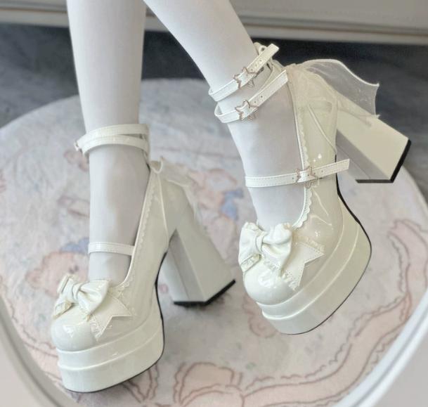 Fashion Punk Heart Buckle High Heels Pumps Women 2024 Spring Y2K Black Chunky Platform Lolita Shoes Woman Bowtie Thick Heel Gothic Shoes