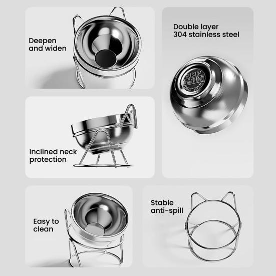 Приподнятая наклонная миска для кошек из нержавеющей стали 304, миска для кормления кошек с защитой от рвоты, приподнятая, дизайн с гладким краем, инструмент для корма для домашних животных