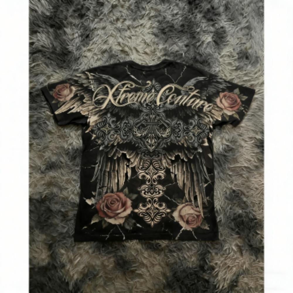 Summer Men's T-shirt Gothic Rose Cross Wing Print Tees Round Neck T-shirt Outdoor Street Style Top Casual Women's Clothing