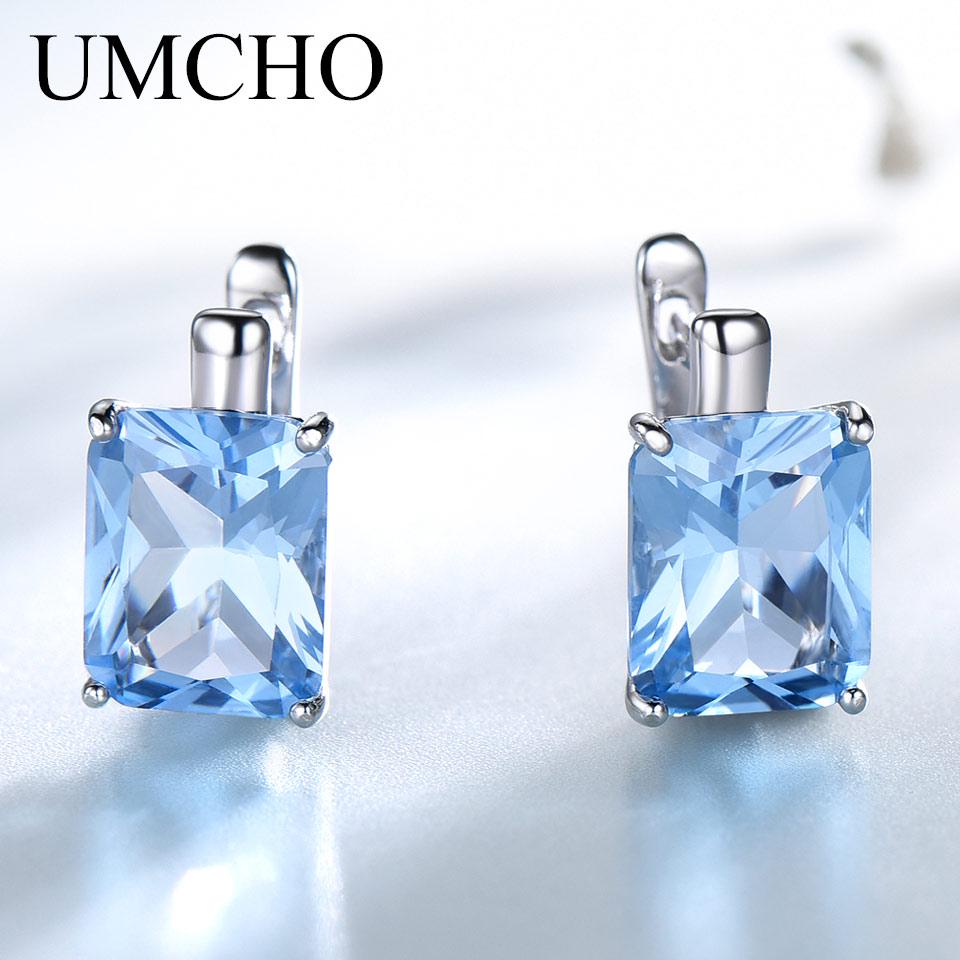 Umcho Luxury 8.0ct Sky Blue Topaz Gemstone Jewelry Clip On Earrings Anniversary Birthday Valentine's Day Jewelry Gifts for Women Wife Her Girls