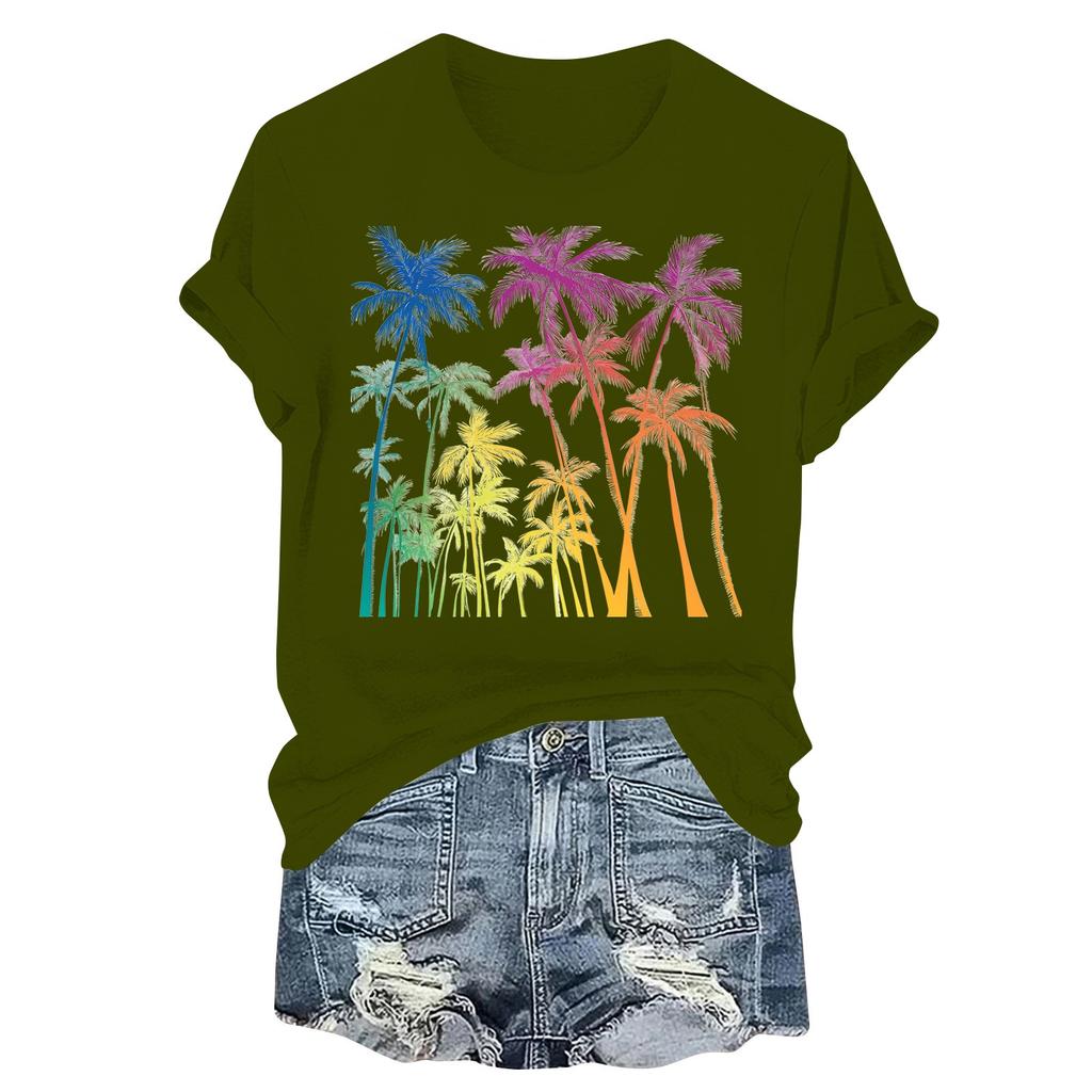 Women's Fashion Printed Casual Pleated Round Short Sleeve T-Shirt Top