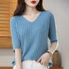 Spring Summer Women's V-neck Short-Sleeved Exquisite Cashmere Knitted Sweater Pullover Solid Color