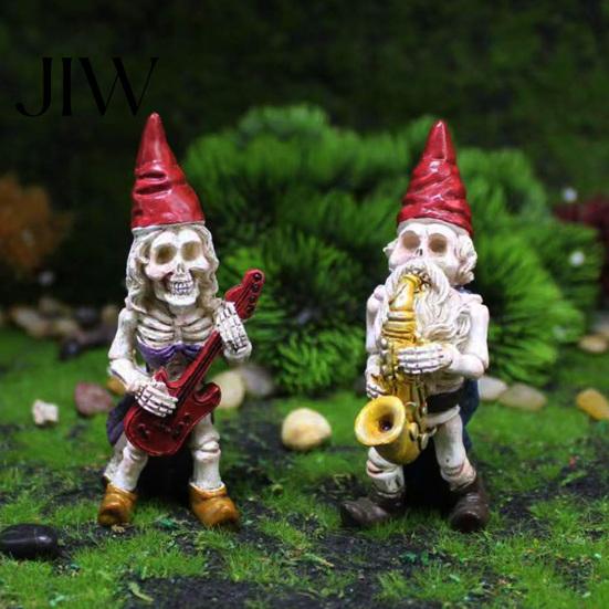 Gothic Lawn Ornaments Halloween Skeleton Gnome Musician Resin Figurine, Hand-Painted Statue with Guitar Creative Goth Garden Accessories Saxophone,