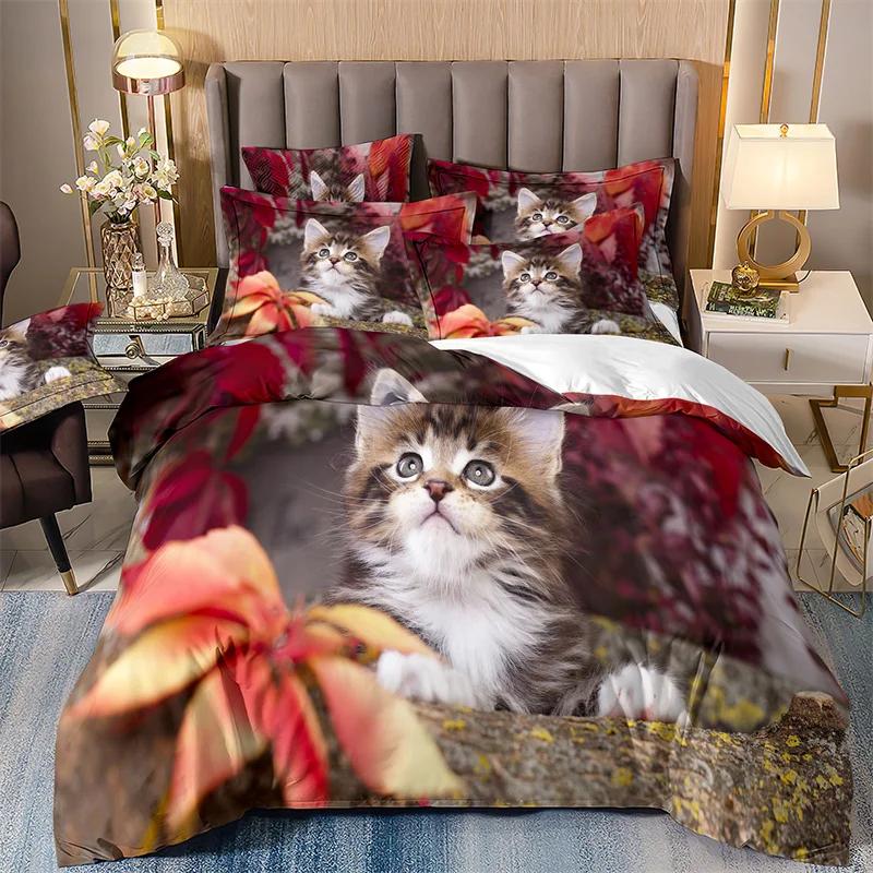 Cute Kitten Bed Cover Full Set For Girls, Single Bedding Set, Microfiber Quilt Cover With Pillowcases, Cute Little Kitten, 135x2
