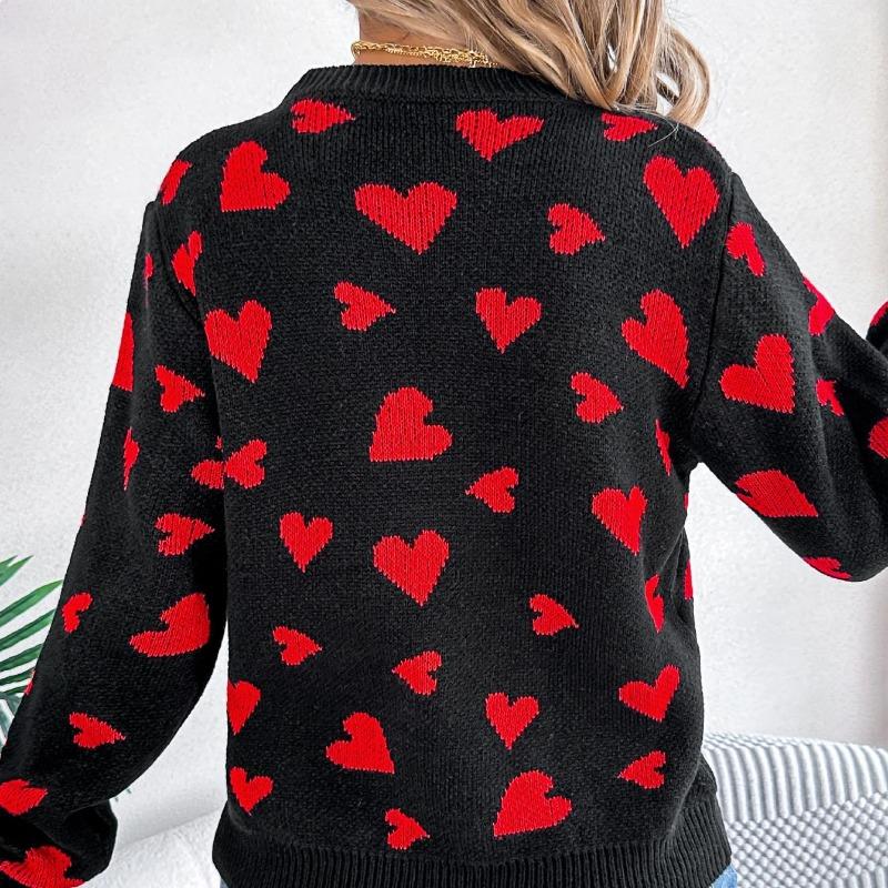 Women's Autumn and Winter Casual Round Neck Long Sleeve Knitted Sweater Clashing Color Love Lantern Sleeves