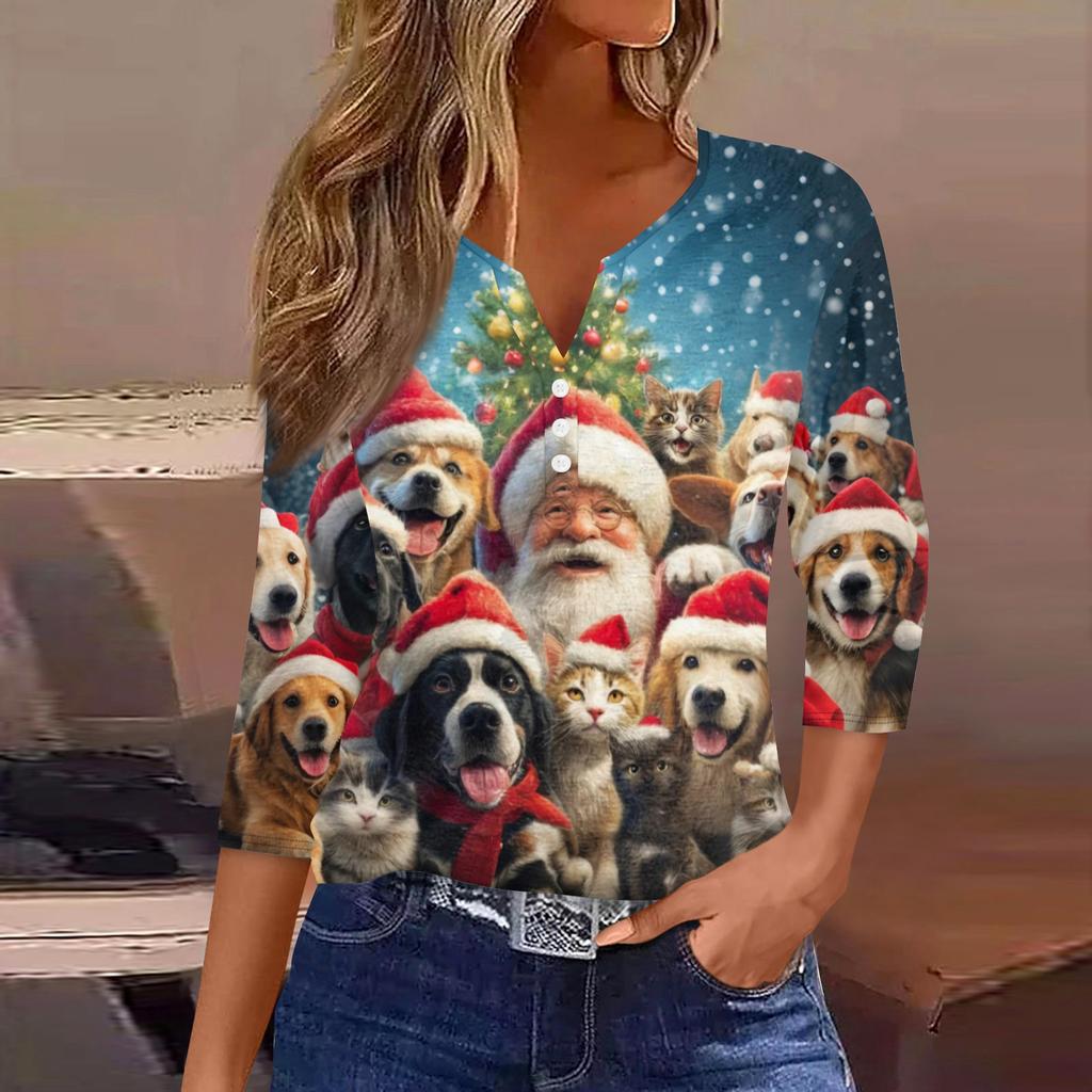Women's Fashionable Casual Christmas Printed V-neck Three-quarter Sleeve Decorated Button Top