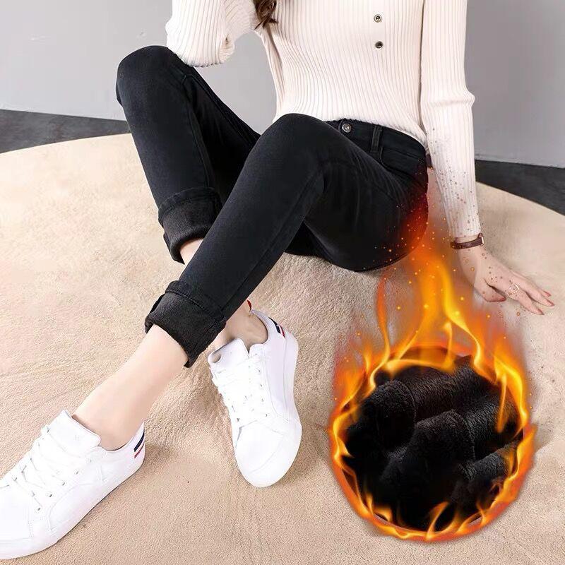 Женские джинсы из утолщенного флиса, с высокой посадкой, облегающие, универсальная верхняя одежда, зимние, эластичные, облегающие брюки, удобные, осенне-зимние