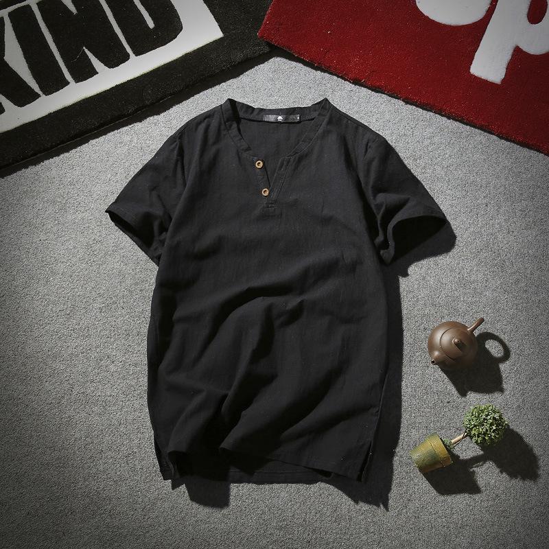 Мужская летняя 2022 года хлопково-льняная футболка с коротким рукавом на двух пуговицах - мягкая и дышащая