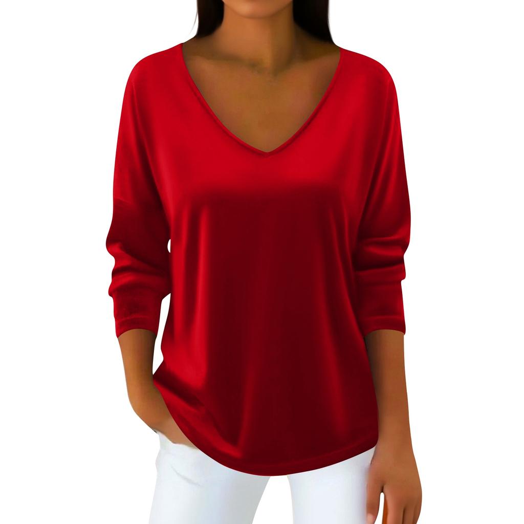 Women's V-neck Plush Collar  Long-sleeved Pullover T-shirt Top