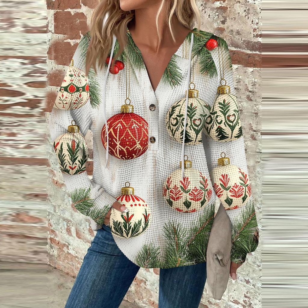 Women's Fashion Casual Long Sleeve  Drawstring Button V-Neck  Hooded Christmas Printed Sweatshirt Top