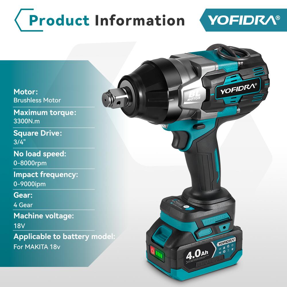 Yofidra 3300N.M 3/4" Brushless Electric Wrench 4 Gears Cordless Rechargeable Efficient Car Repair Power Tools For 18V-21V Battery