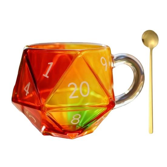 Rainbow D20 Dice Mug with Handle Colorful Polyhedral Glass Coffee Cup for Gamers Unique Gift for Tabletop RPG Fantasy Enthusiasts