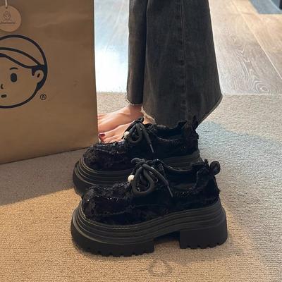 Ретро туфли на шнуровке с большой головой из маленькой кожи женская юбка 2025 осень новая французская обувь-одинарка обувь на платформе-маффин лоферы