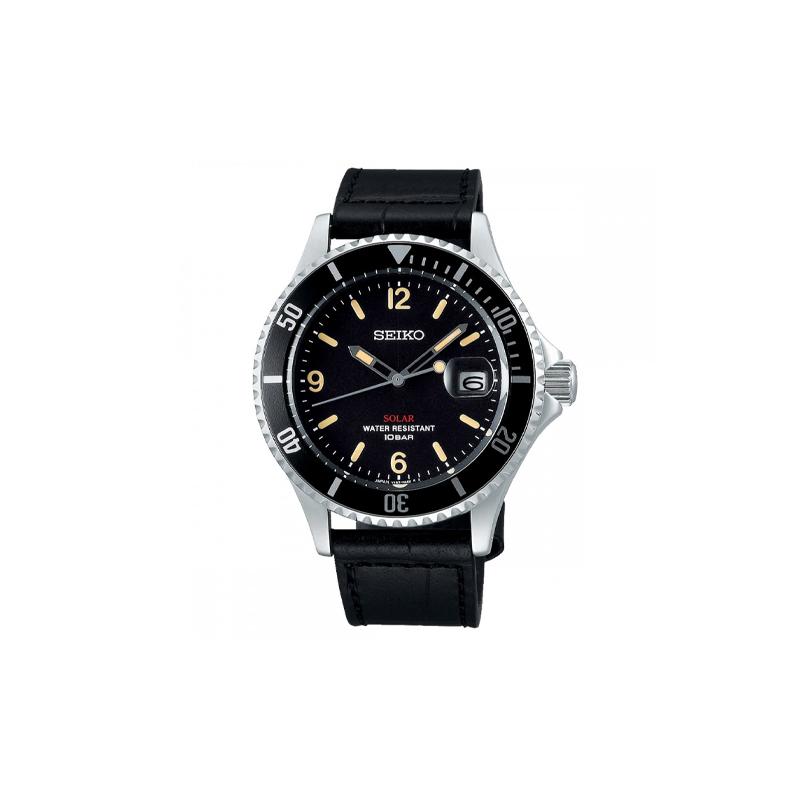 Seiko SOLAR серия 100 метров водонепроницаемые солнечные Кварцевые кожаный ремешок тот же стиль для мужчин и женщин черный циферблат SZEV013
