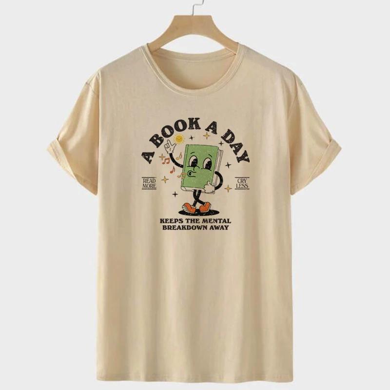A Book A Day Women Cute Cartoon Bookworm TShirts Funny Book Lover T Shirt Retro Reading Graphic Tees Unisex Bookish Tops Gifts
