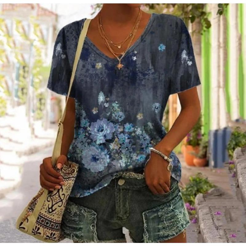 Summer V-neck 3D Animal Flower Printed Top Fashionable Casual Short Sleeved Women's T-shirts