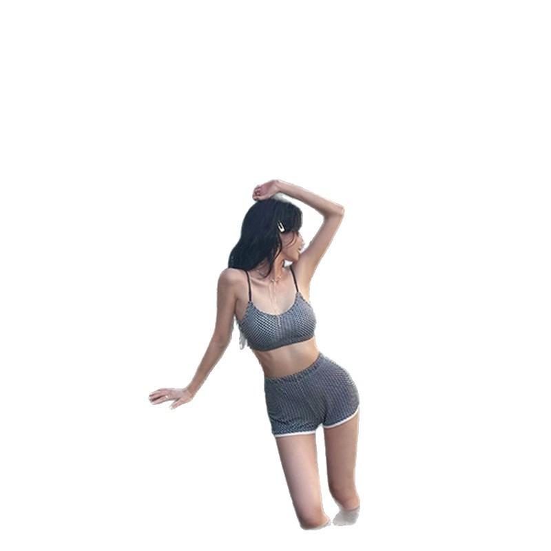 New Japanese swimsuit female sexy backless small breasts gather sweet plaid wind flat angle split bikini bikini