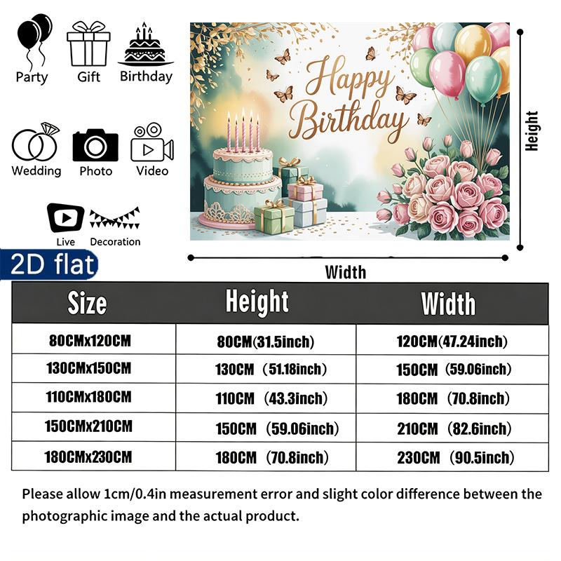 Party Banner Pink Roses Cake Gifts Birthday Backdrop, Polyester Wall Decor for Celebration & Photos