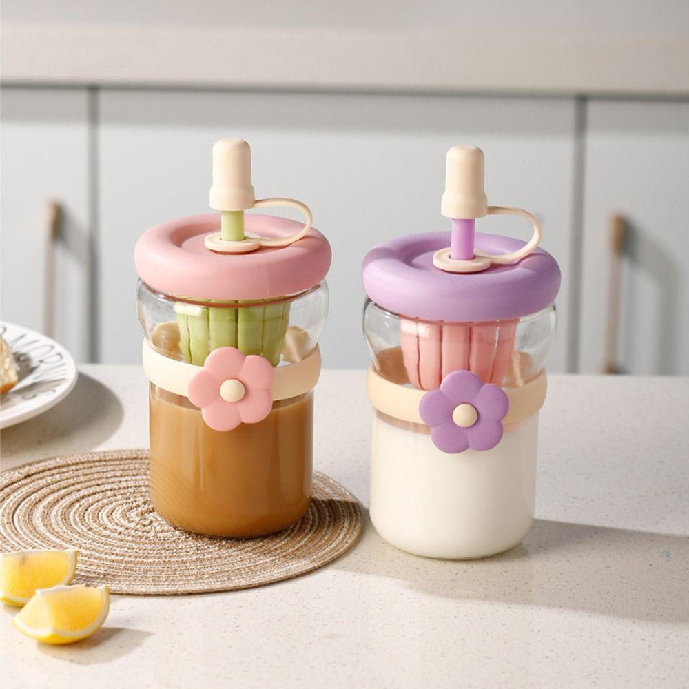 Flower Patch Straw Cup Portable Water Bottle Cartoon Glass Water Cup for Boys and Girls