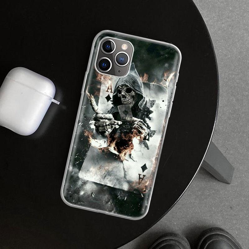 Чехол-бампер с рисунком черепа жнеца, скелета и пистолета для iPhone 11 12 13 Mini 14 15 Plus 16 Pro Max 17 Air 7 8 + SE Арт Индивидуальный Fundas