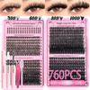 False Eyelash Set: 760-Piece Eyelash Book (40D, 60D, 80D, 100D) Includes Tweezers, Glue, and Brush