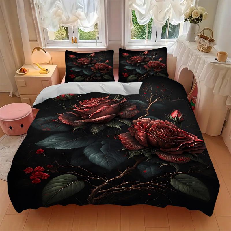 3pcs Roses, Dark Floral Duvet Cover Set, Cover For Bedroom Guest Room (1 Duvet Cover + 2 Pillowcase, Without Quilt),  yy250922226