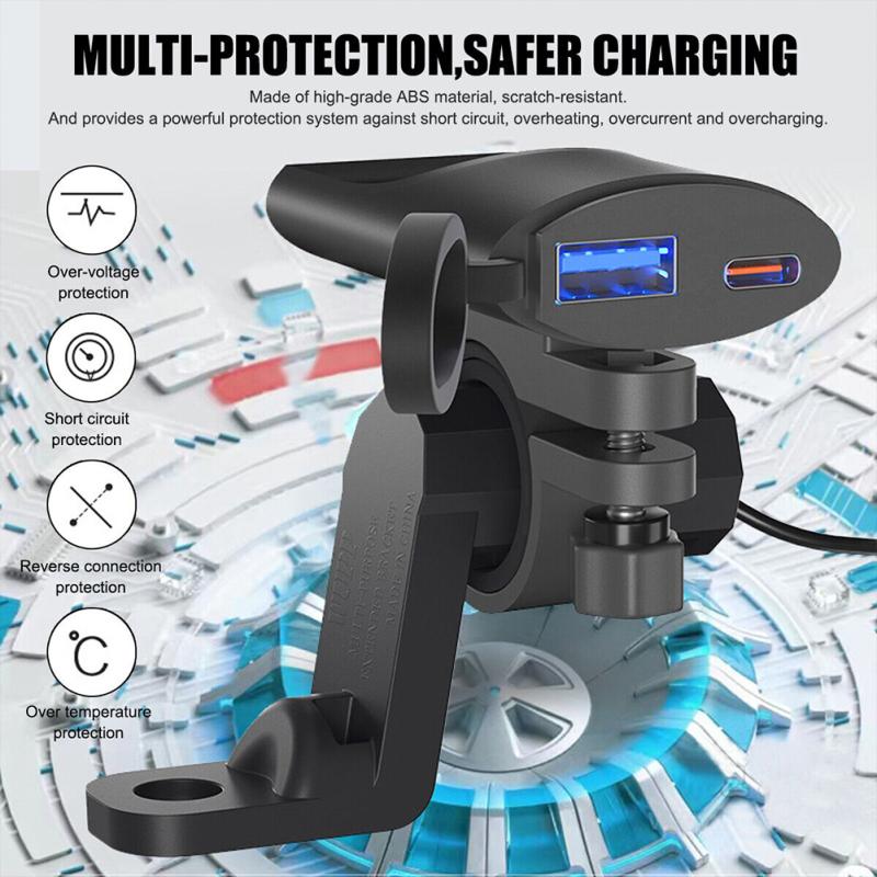 USB-зарядное устройство для мотоцикла, 12 В, 24 В, быстрая зарядка USB A Type-C, двухпортовый водонепроницаемый зажим на руль