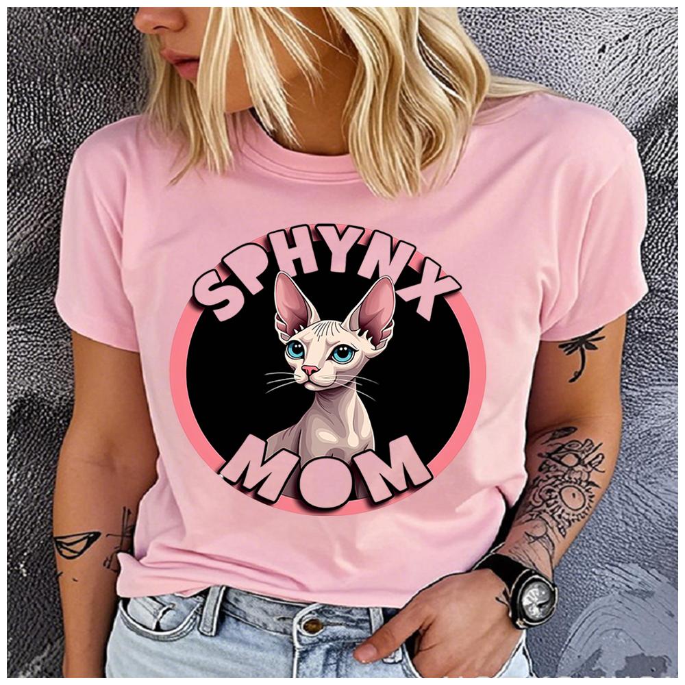 Unisex Polyester 100% SPHYNX MOM Print T-Shirt Loose round Neck Casual Short Sleeve Fashion Top for Summer