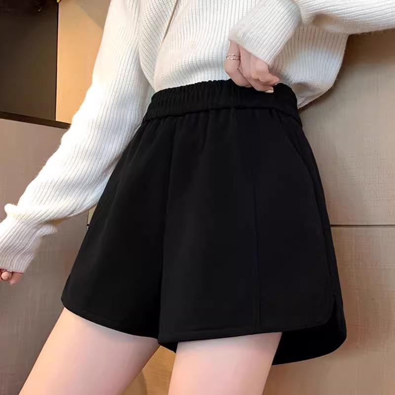 Женские эластичные шерстяные шорты А-силуэта с высокой талией, повседневные, свободного кроя, осень/зима, черные.