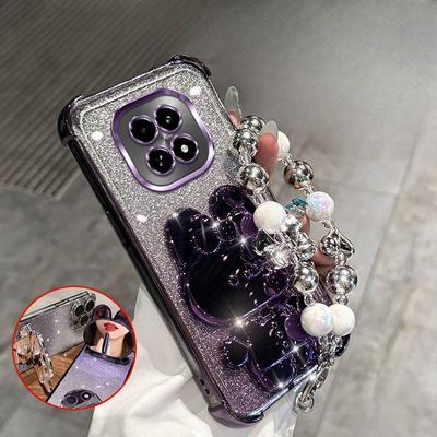 Чехол для телефона с кронштейном-зеркалом в виде кролика для Realme 14 Pro 13 12 Pro Plus 5G C75 с браслетом, амортизирующий чехол с воздушными подушками в четырех углах