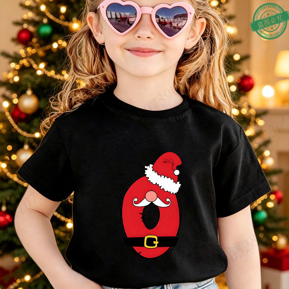 Cute Santa Hat Beard 26 A‑Z Alphabet Graphic Children Christmas T‑Shirt Cotton Short Sleeve Boys Girls Winter Festival Party Tee