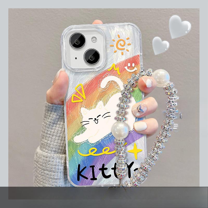 Подходит для чехла для мобильного телефона Apple 15 Летний Iphone14 Радужный кот Подставка Цепочка 13 Перо Пряжа IDM Милый 7/8