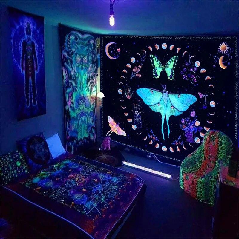 Black Light Tapestry UV Reactive Psychedelic Mysterious Mushroom Wall Hanging Bedroom Dorm Separate Room Decoration