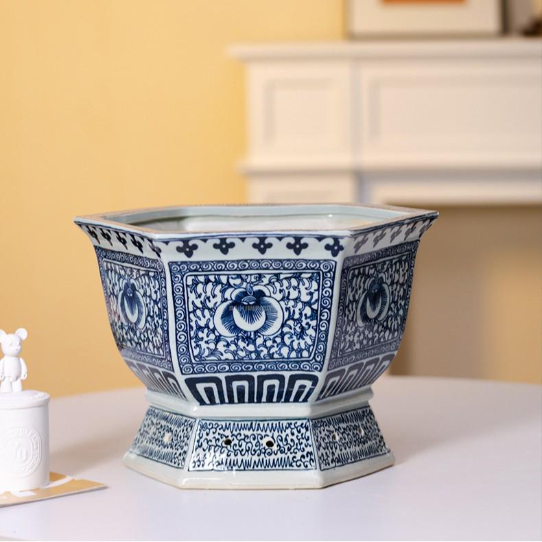 Hexagonal Lotus Flower Bonsai Pot, Blue and White Jingdezhen Ceramic Planter for Orchids and Greenery