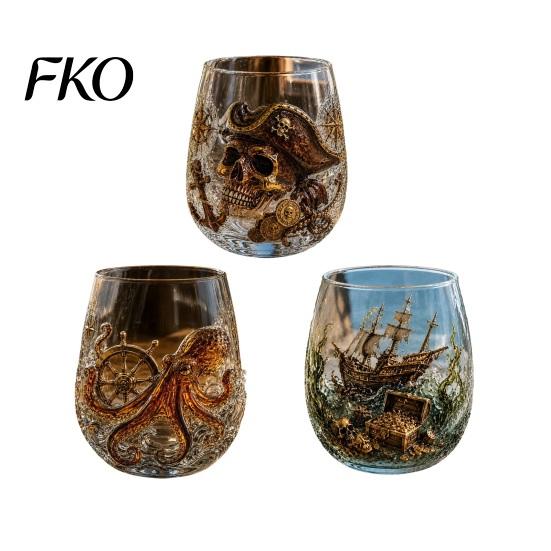 Vintage Pirate Themed Barware Octopus Whiskey Glass, Sea Creature Tentacle Engraved Tumbler, Embossed Nautical Collectible Rum Tequila Cup Rocks Glass
