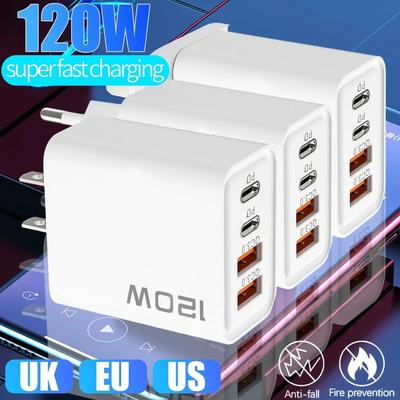 120 Вт 4-портовое USB Type C зарядное устройство Быстрая зарядка Кабель для передачи данных Адаптер USB-зарядки для телефона для Samsung IPhone Huawei Xiaomi Настенное зарядное устройство