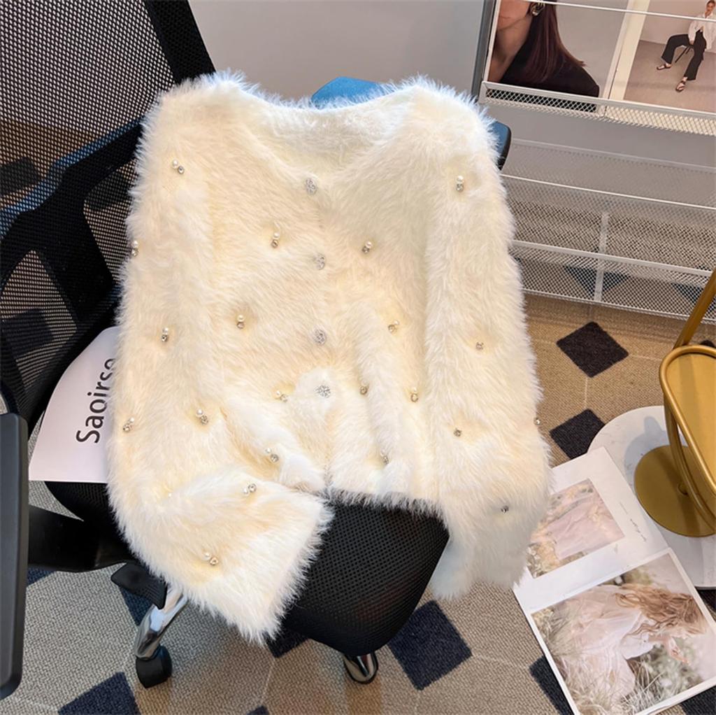 JIYUTOR Вязаный Кардиган с Мехом и Пушистым Длинноворсовым Мехом Свободного Покроя Идеально Подходит для Официальных Свадеб Женские Жемчуг, Пальто, Пуговицы с V-образным Вырезом, Посадка, (Свободный размер,