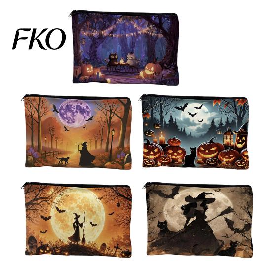 Reusable Storage Bag Bag,with Smooth Zipper, Thickened Polyester Large Capacity Cosmetic Halloween Witch Pumpkin Pattern Printed Pouch High-definition