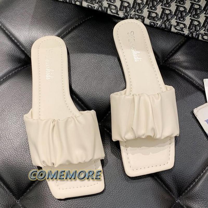 Женские плоские шлепанцы, лето 2024, стильные сандалии с квадратной головкой и складками для женщин, повседневные шлепанцы, однотонная обувь, мода