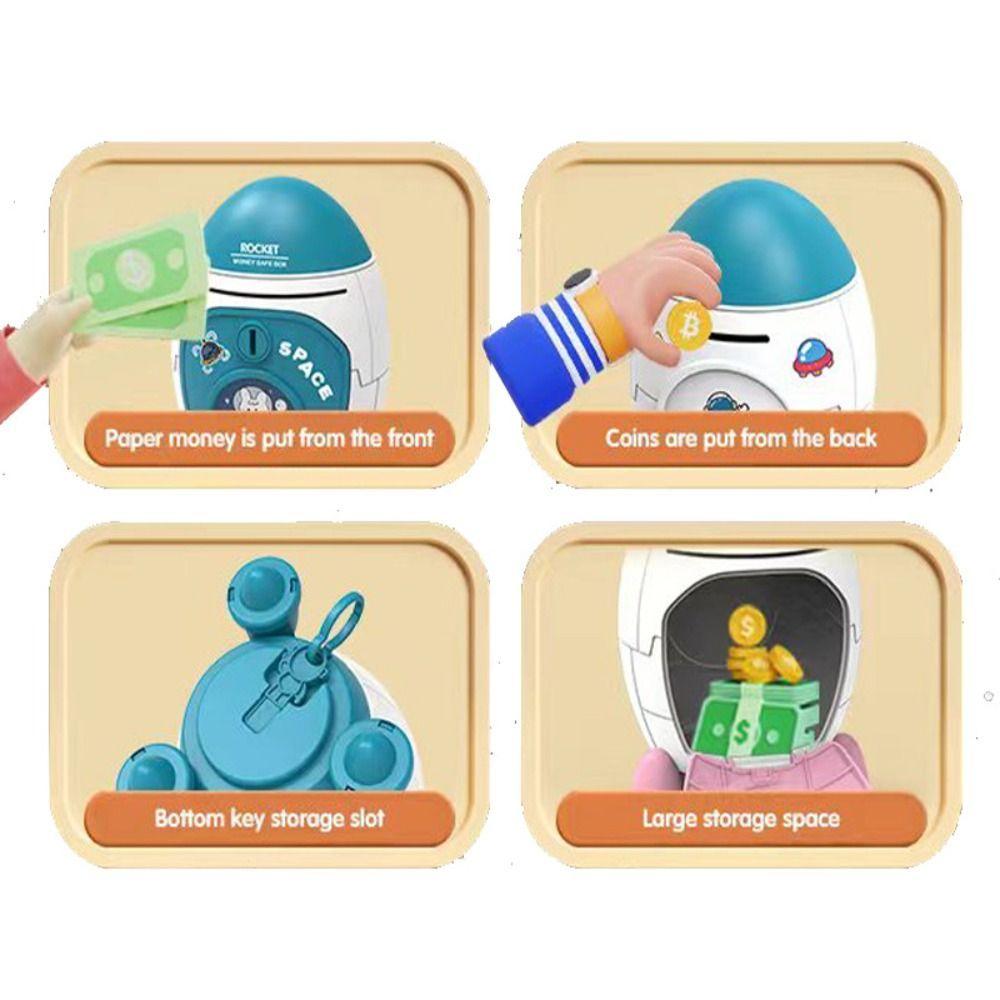 Rocket Piggy Bank with Key Switch Large Capacity Coin Money Box Cartoon Bunny Astronaut Pattern Stickers Birthday Gift for Kids
