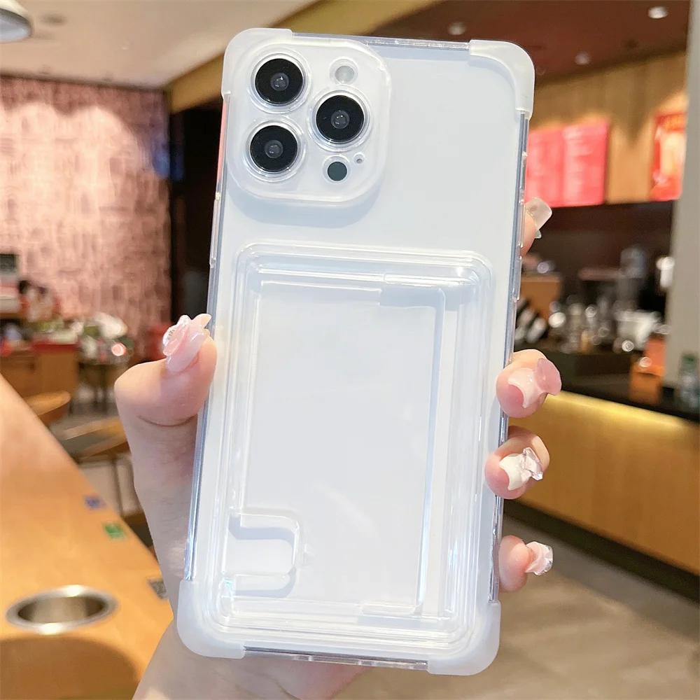 Card Holder Transparent Case for iPhone 15 14 16 Pro Max Plus Wallet Airbag Shockproof Clear Cover for iPhone 13 12 11 Pro Max